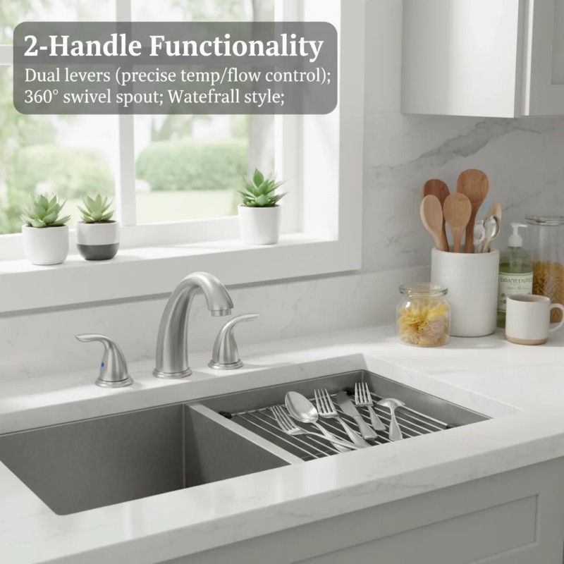 Bathroom Faucet Brushed Nickel Alloy Widespread Deck-Mounted 3-Hole 2-Handle Modern