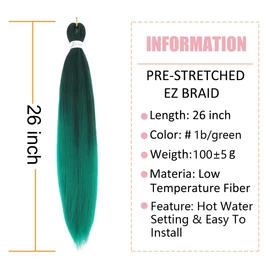YeahPerfect Ombre Green Braiding Hair Pre Stretched Easy Braids 26 Inch 3 Packs Hot Water Setting Professional Yaki Synthetic Hair for Box Braids (3Pcs,26 Inch,#1b/green)