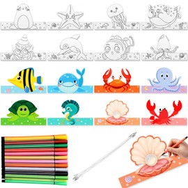 Hestya 16 Pcs Ocean Animals DIY Headbands 24 Pcs Ocean Party Coloring Crowns with Watercolor Pens Under The Sea Party Paper Crowns Sea Animals Party Hats Coloring Headbands for Kids Students DIY Craft