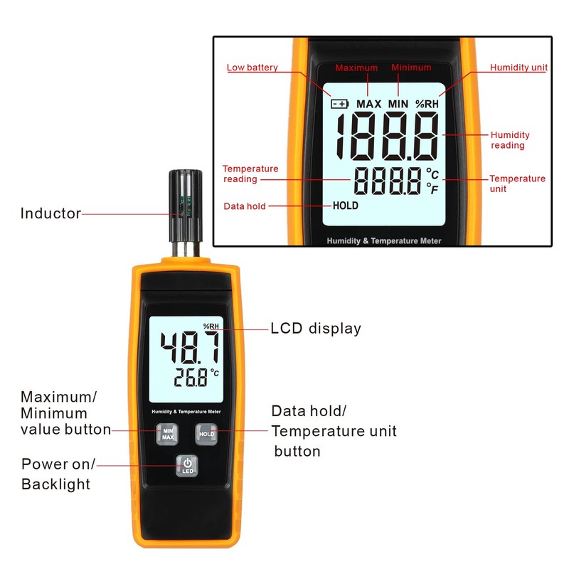 Handheld Hygrometer, Digital Hygrometer Thermometer 0~100% RH/ -30~60°C (-22~140°F) LCD