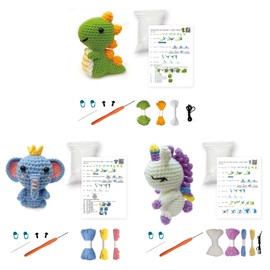 GZBZTZ Beginner Crochet kit, Simple Yarn Crochet kit with Step-by-Step Video Tutorial, Hook, Yarn Crochet and Accessories -3in1 Animal Crochet kit (Unicorn, Elephant, Dinosaur)