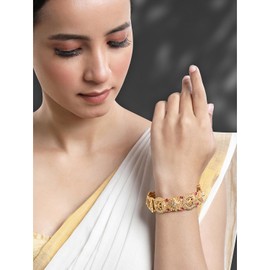 Aheli Gold Plated Goddess Laxmi Thick Synthetic Stone Studded Single Piece Openable Kada Bangle Antique Jewellery Gift for Women Size - 2.4 Inch