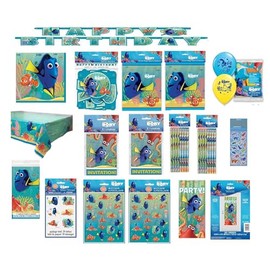 Finding Dory Nemo Birthday Party Bundle includes 16 Napkins, 1 Table Cover, 1 Banner, 1 Door Poster, 16 Invitations, 16 Loot Bags, 24 Tattoos, 16 Pencils, 8 Sticker Sheet, 6 Latex Balloons