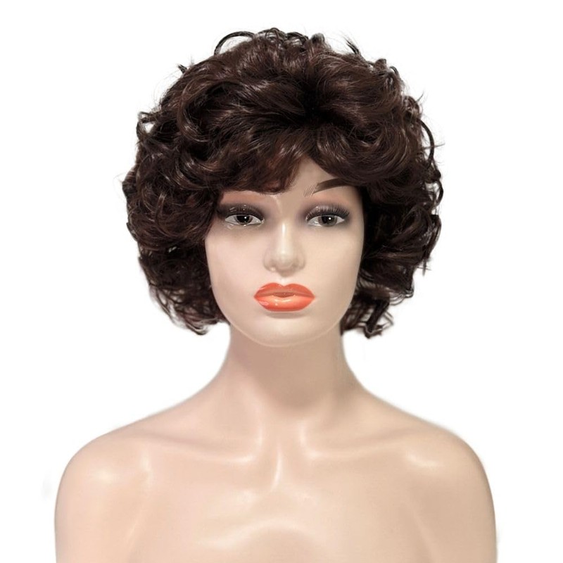 Short Brown Curly Wig for Women Dark Brown Length Shoudler