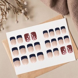 24 Pcs 4th of July Independence Day Press On Nails Short Square French Tip Acrylic Nails with Star Glitter Design for Patriotic Women
