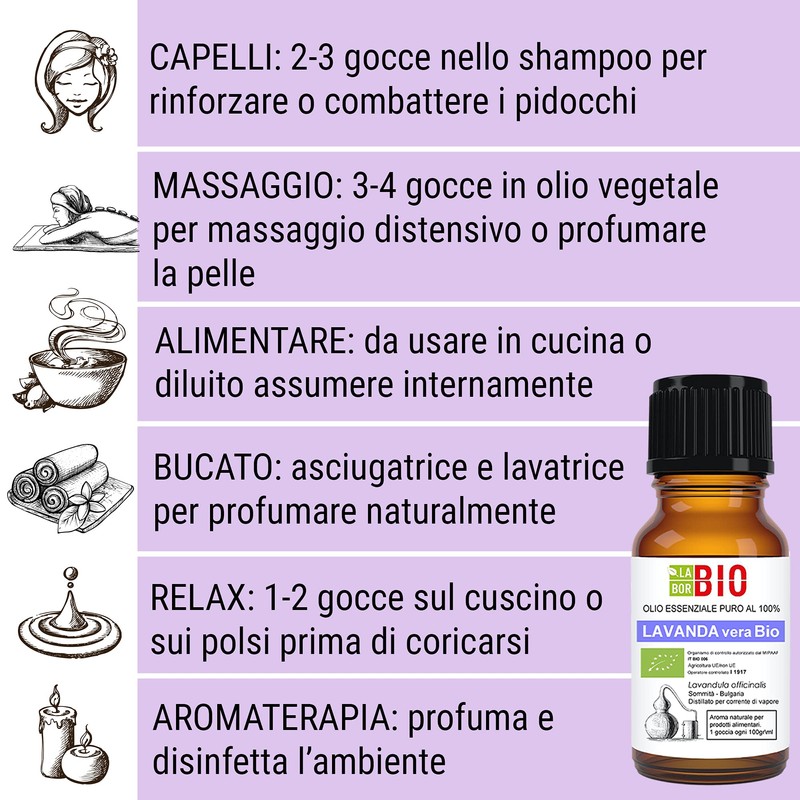 Lavanda vera Officinalis Bio Olio essenziale 100% Puro 10 ml