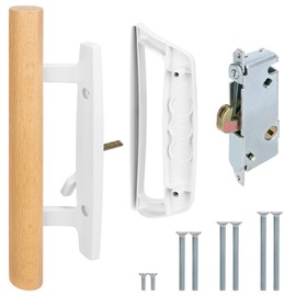 Sliding Patio Door Handle Set with Mortise Lock, Replacement Oak Wood Flush Handle & Exterior Pull in Diecast for Sliding Glass Door, Fits 3-15/16” Hole Spacing, Mortise Lock 45°, Non-Keyed, White