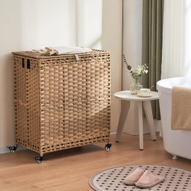 Laundry Hamper with Wheels&Lid, 50.2 Gallons(190L) Rolling Laundry Basket with Wheels, 3-Section Laundry Hamper, Handwoven Rattan Clothes Hamper with 6 Removable Liner& 3 Mesh Laundry Bags, Natural