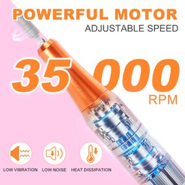 MEKK Nail Drill Kit,35000RPM Electric Nail Drill Professional Electric Nail File with 12PCS Bits,Anti-Shaking Cordless E Filer for Nails with LCD Display,Home & Salon (Orange-Pink)