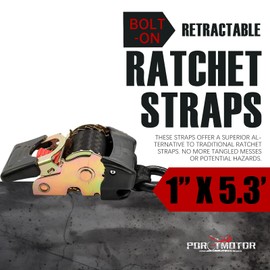 Porotmotor 2 Pack Bolt-On Retractable Ratchet Straps (1" x5.3'), Self Retractable Ratchet Tie Down Straps Auto Retracting Transom Tie Down Straps for Boats, Jet Skis, Motorcycles, ATVs, Cargo