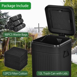 Umtiti Dog Poop Trash Can with Lid for Outdoors，3.2 Gallon Trash Can with Activated Carbon Filter & Plastic Bags, Pet Waste Container，UP12L-BK-F+90BK
