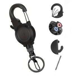 FINNECT Carabiner Pin On Reel with Blade Snap Carabiner Reel Keychain Key Reel Telescopic Max Length 65cm for Camping Outdoor Fishing Keychain Stretchable Durable Anti-lost Black