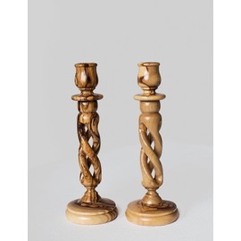 zytoon Pair of Olive Wood Hollow Twist Candle Holders