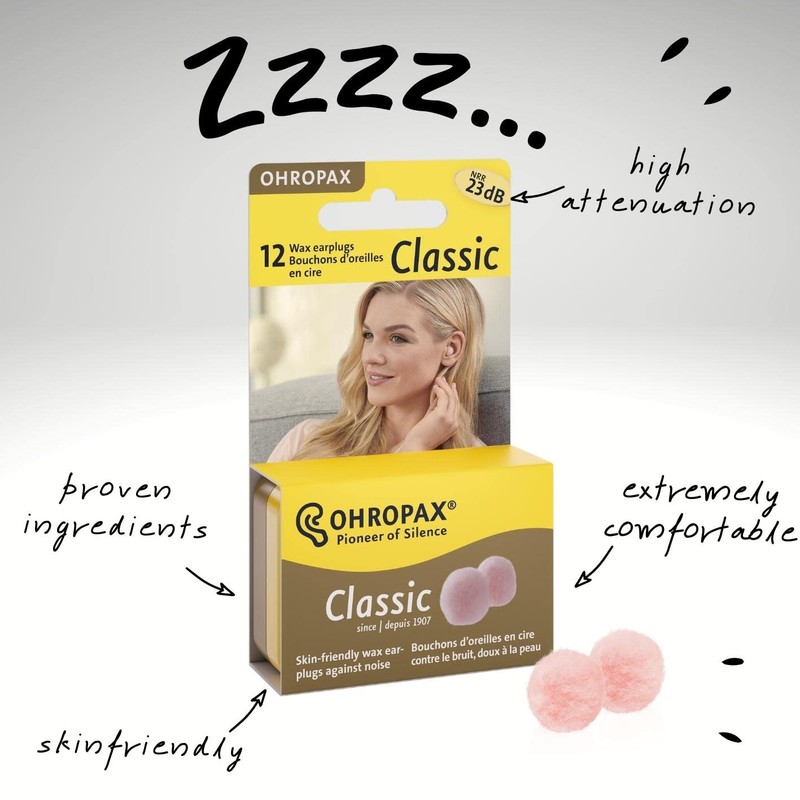 Ohropax Reusable Wax/Cotton Ear Plugs (12 Plugs Total)(1 Clear Carrying