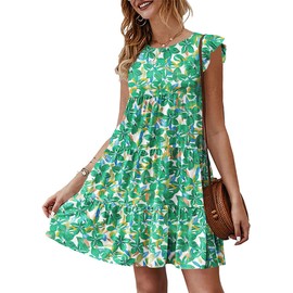 KIRUNDO Tropical Dresses for Women Summer Sleeveless Boho Floral Mini Sundress Ruffle Sleeve Round Neck Loose Short Flowy Pleated Babydoll Dress(Floral3-Green, X-Large)
