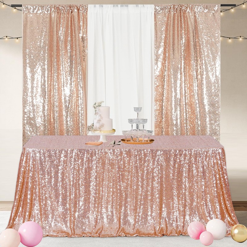 3E Home Rose Gold Sequin Tablecloth Rectangle Sequin Table Cover