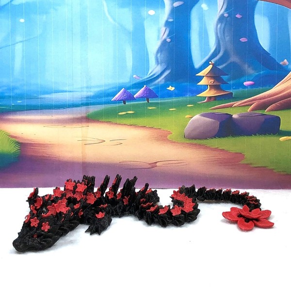 3D Printed Black Cherry Blossom Dragon, Articulated 12" Dragon Fidget