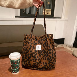 Bikasun Large Shoulder Bag Women's Cord Shoulder Bag Beach Bag Cord Bag Crossbody Bag Shopper Tote Bag Shopping Bag Handbag Shopper for Work Shopping School, Leopard pattern