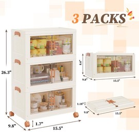 Raybee Small Storage Bins with Wheels, Mini Stackable Plastic Folding Storage Boxes Cute Collapsible Closet Organizer for Bedroom Pantry Corner Space Saving:_4 Pack