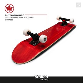 Stoked Ride Shop Skateboard Complete - American Made Maple Wood - Professional Grade Board for Adults, Kids, Girls & Boys - Fully Assembled with Shorty's Wax, Skate Tool and Stickers (7.75" Red)