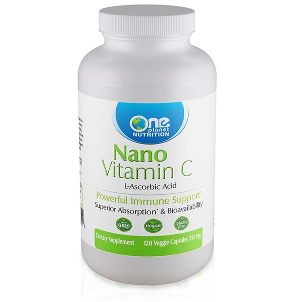 One Planet Nutrition Nano Vitamin C - Water Soluble Vitamin C for Men & Women, Natural Non GMO Vitamin C for Immune Support, Good Absorption & Bioavailability, Vitamin C Small Capsules, 120 Capsules