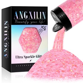 ANGXILIN Holographic Chunky Glitter, 190g/6.7oz Chunky and Fine Mixed Craft Glitter, Bulk Laser Sequin Glitter for Face Body Nail Art,Epoxy Resin Tumbler Jewelry Making Glitter (IRI Pink)