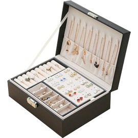 ANNA TOSANI Caja de joyería de Cuero, Organizador de joyas con Cerradura 2 Capas Organizador Estuche Joyero de Viaje Joyero Pequeña Portátil para Pendientes Anillos Collares Almacenamiento (Negro)