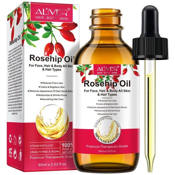 Organic Rose Hip Oil, Rosehip Seed Oil, Anti-Ageing Hydrating Nourishing and Moisturising Hair, Nails and Body Oil, 100% Pure Cold Pressed Unrefined for All Skin Types