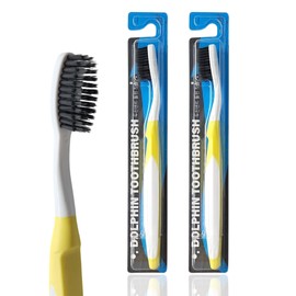 DUJINDENT Dolphin Charcoal Toothbrush [2 Packs] Extra Soft Bristle Manual Long Flossing Ultra Clean Toothbrush, Good for Sensitive Teeth and Gums (Yellow, Charcoal 2 Packs)