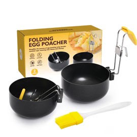 Foldable Egg Poacher Set- KRGMNHR 2025 New Poached Egg Cooker Non-Stick Poached Bolied egg Make Cups, 18/10 Poached Egg Spoon with stainless steel handle and a hook (2 Pack, Black)