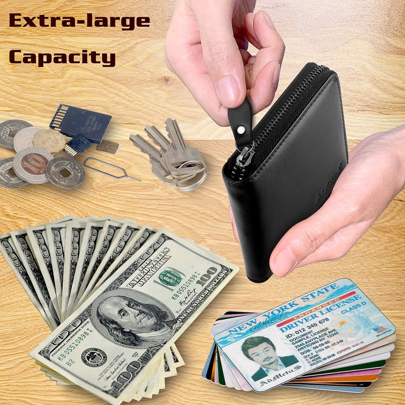 Wallet for Men Bifold Leather Zipper Wallet RFID Blocking Card