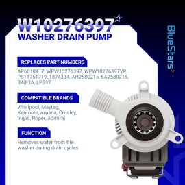 BlueStars W10276397 Washer Drain Pump for Whirlpool Kenmore Maytag Washing Machines - Replaces WPW10276397VP B40-3A 1874334 AP6018417 LP397 PS11751719