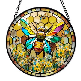 FIVITY 7.8'' Bee Suncatcher Stained Glass Window Hanging Bumble Bee Diamond Art Honeycomb Sun Catcher Kitchen Bathroom Home Office Decor Honeybee Ornaments Gifts for Girls Women Mother Grandma