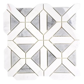 Tenedos Bianco Dolomite with Grey Carrara Geometric Polished Marble Mosaic Tile 12x12 Mesh Mounted for Kitchen Backsplash Bathroom Floor Wall Accent - 1 Sheet