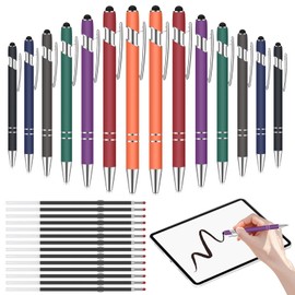 Omsscun Pack of 14 Ballpoint Pens High Quality 2 in 1 Ballpoint Pen with Touch Pen Black with 28 Refills Liquid Writing Ballpoint Pen Metal for Office and Home