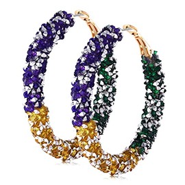 NLCAC Mardi Gras Earrings Bohemian Sparkle Resin Rhinestone Wrapped Hoop Dangle Earrings for Women (Mardi Gras)