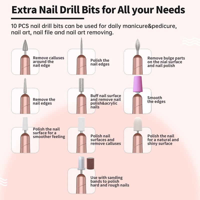 Kredioo Electric Nail File, 10 Drill Bits Efile Kit USB