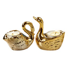 Set of 2 Gold Swan Ceramic Tealight Candle Holders for Living Room & Bathroom Decorations - Centerpieces for Wedding & Dining Room, Coffee Side Tables & Shelf Decor - Holiday & Birthday Gifts