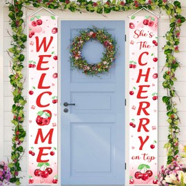 AIBIIN Pink She's the Cherry on Top Porch Banner Welcome Porch Hanging Banner Girl Cherry on Top Baby Shower Decorations for Indoor Outdoor Fruit Themed Birthday Bridal Shower Party Supplies