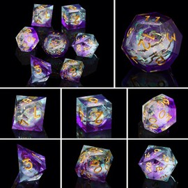 ORUZA 7 PCS Liquid Core DND Polyhedral Dice, Resin Sharp Edge D&D Purple Quicksand Dice Set for Dungeons and Dragons RPG MTG Table Games D20 D12 D10 D8 D6 D4 D%