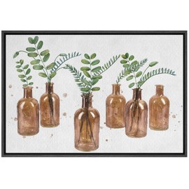 SIGNFORD Framed Canvas Wall Art Eucalyptus Leaves in Brown Glass Vases Botanical Plants Illustrations Impressionism Contemporary Comic for Living Room, Bedroom, Office - 24x36 inches