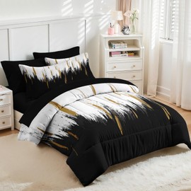 Nesker Comforter Set Queen Size, Black Gold White 7 Pcs Bedding for Kids and Adults, Abstract Oil Painting Bed Sheet Sets with Fitted Sheet 2 Pillowcases & 2 Shams