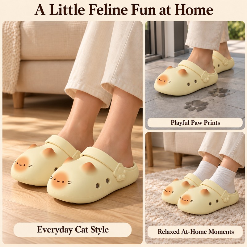 Cat Slippers for Women – Yellow Closed-Toe Cat Clogs with
