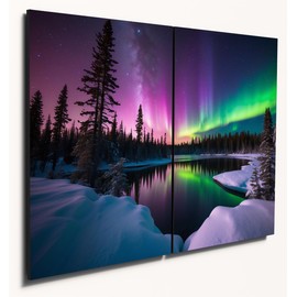 The Plum Penguin Northern Lights Over Snowscape Dual A4 Wood Wall Art - Aurora Borealis MDF Decor Canvas Alternative 40 x 30cm