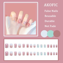 AKOFIC Pack of 24 Press on Nails Short, French Square Artificial Nails, Glue-On Nails with Jelly Nail Glue, White Pink Nude Ballerina Acrylic Fake Nails for Women and Girls