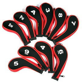 10pcs/Set Neoprene Zippered Long Neck Number Print Golf Iron Covers … (Red)