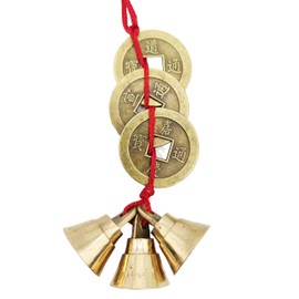 Plus Value Fengshui Vastu Lucky Brass Hanging 3 Bell Three Chinese Coins Main Entrance Door Hanging for Home Office Wealth Prosperity Spiritual Decor (4.5 x 2.5 x 7.5 cm, Multicolour)