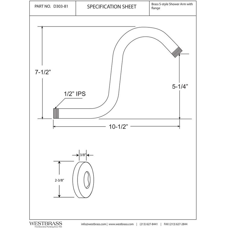 Westbrass 1/2" IPS x 8" S-Shaped Shower Arm and Flange,