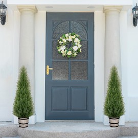 VIVATREES 3FT Artificial Cedar Topiary Trees with Rustic Barrel Planter, Outdoor Indoor Realistic Faux Pine Shrubs Plants, Fake Cypress Trees for Home Offices Porch Decor, Set of 2