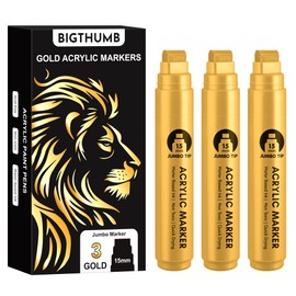 BIGTHUMB 3 Pcs Gold Jumbo Permanent Markers: 15mm Wide Tip Thick Acrylic Paint Pen Large Calligraphy Marker for Rock Painting, Poster, Sign, Canvas, Glass, Wood, Ceramic